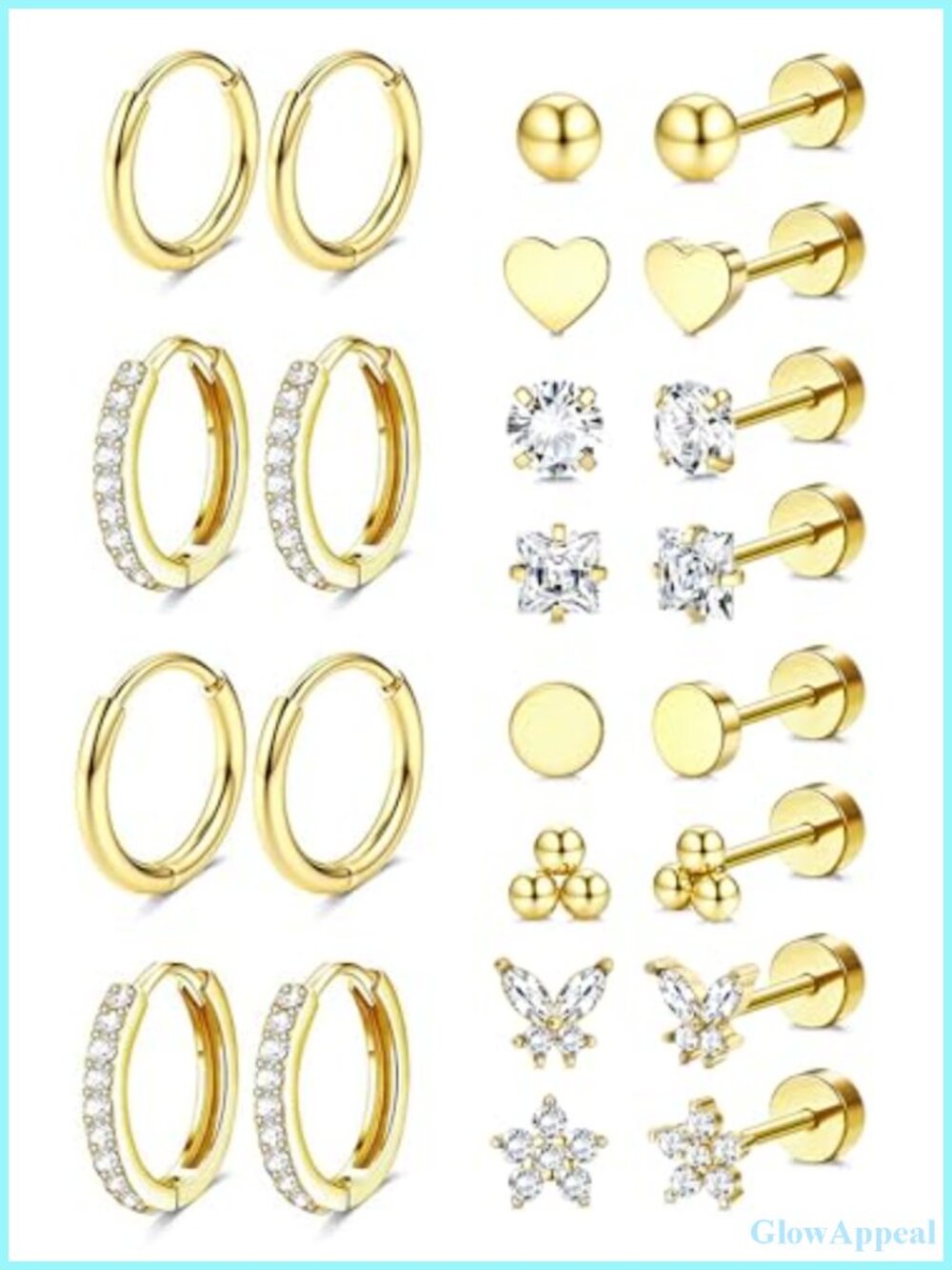 Hypoallergenic 14K Gold Plated Flat Back Earrings Set Cartilage Studs & Hoops